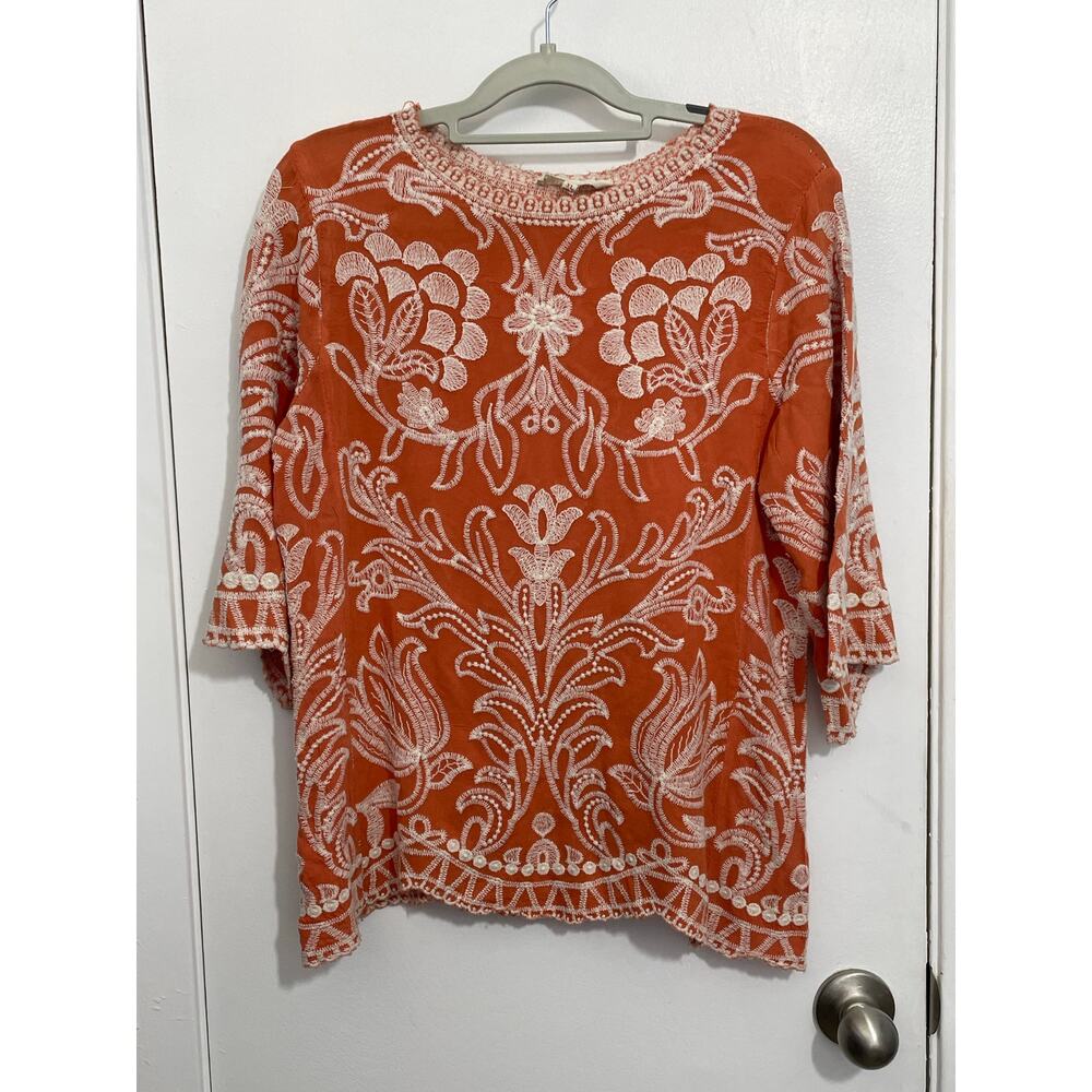 Solitaire Blouse XL Orange Floral Embroidered 3/4 Sleeve Cottage Core Boho